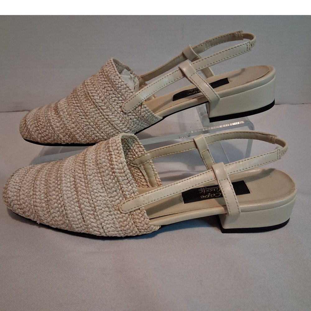 Cape Classic LTD Women Straw Slingback Low Block Heel Sandals Cream 8.5M